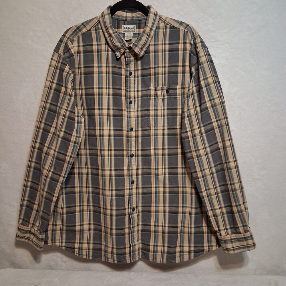 LL Bean XL Shirt Brown Plaid Button Front 100% Cotton Canvas Chore Farm Work